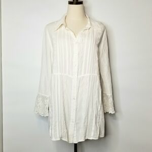 Soft Surroundings Cream Embroidered Longsleeve Bohemian Lagenlook Tunic, Medium
